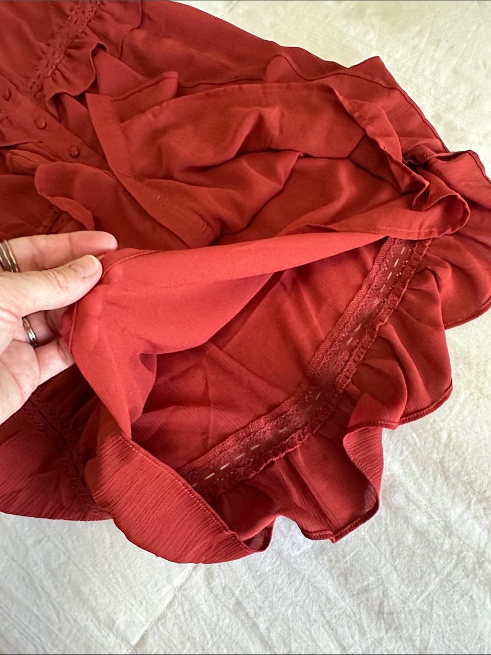 Francesca’s miami Rust Red Button-Front Ruffle Mini Dress Size S/M - Picture 10 of 12